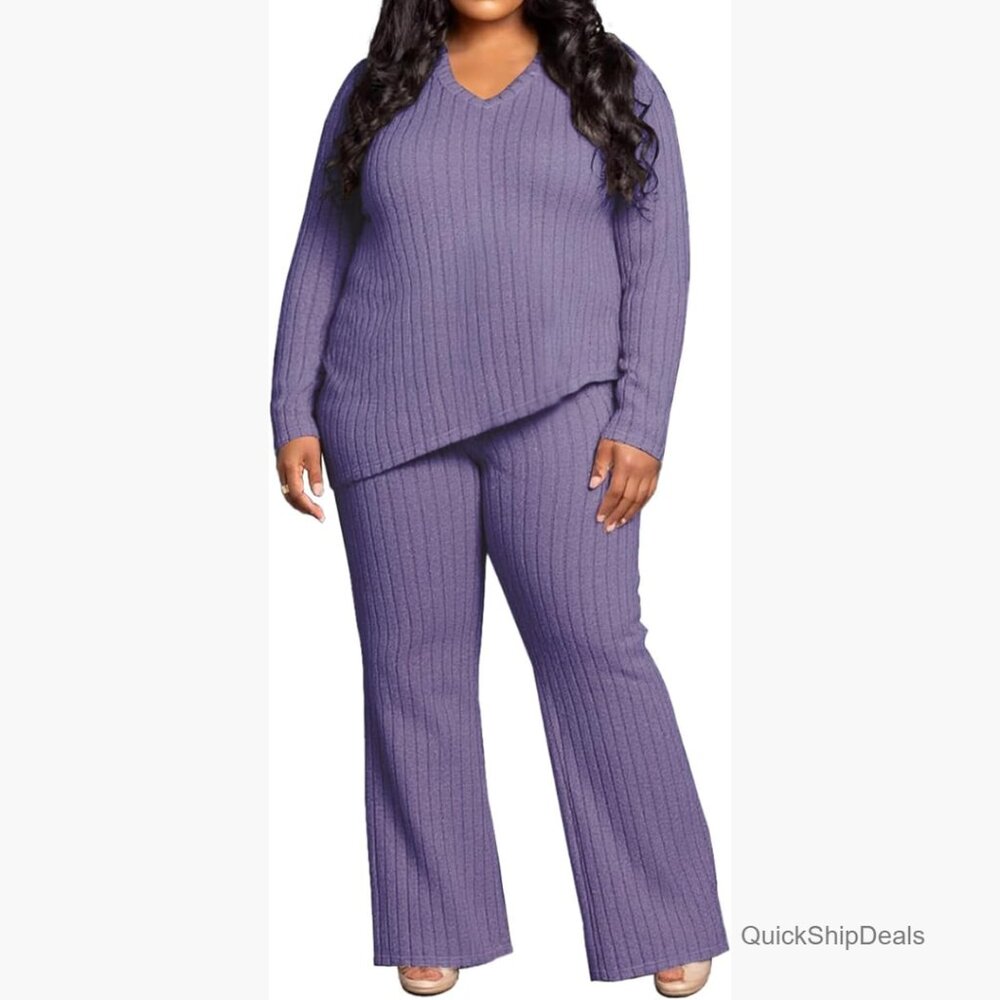 Polyester Spandex V-Neck Ribbed Lounge Set with Wide Leg Pants